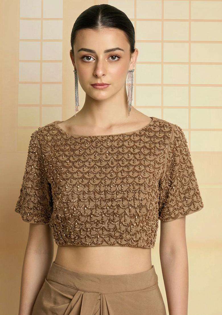 Beige Hand Work Crepe Fusion Set - Indya