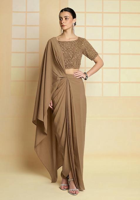 Beige Hand Work Crepe Fusion Set