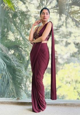 Rani Pink Hand Work Satin Pre Draped Saree Set
