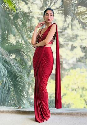 Crimson Red Hand Work Satin Pre Draped Saree Set