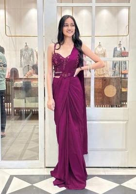 Purple Hand Work Satin Pre Draped Saree Set