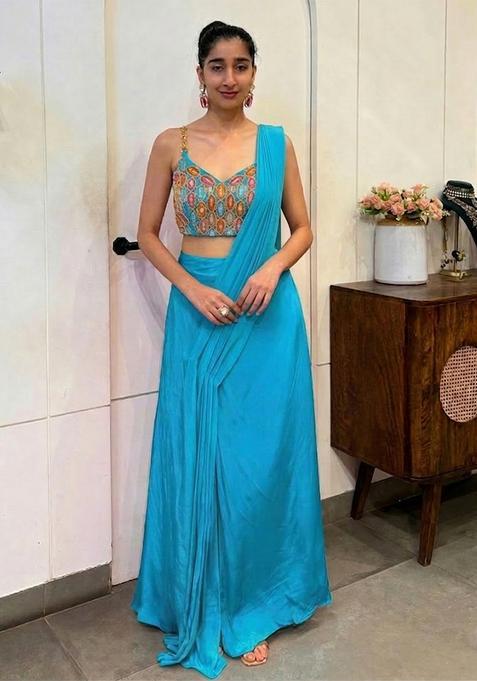 Turquoise Blue Hand Work Satin Pre Draped Saree Set