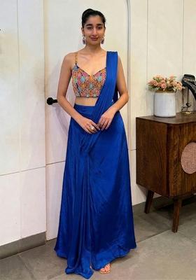 Royal Blue Hand Work Satin Pre Draped Saree Set