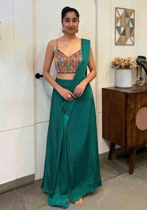 Bottle Green Hand Work Satin Pre Draped Saree Set