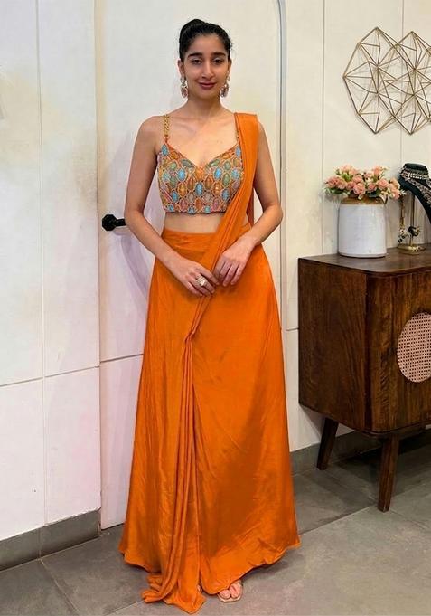 Orange Hand Work Satin Pre Draped Saree Set