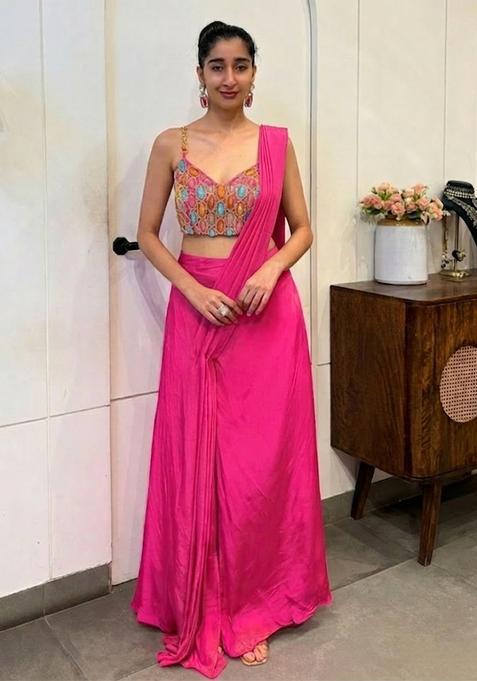 Pink Hand Work Satin Pre Draped Saree Set