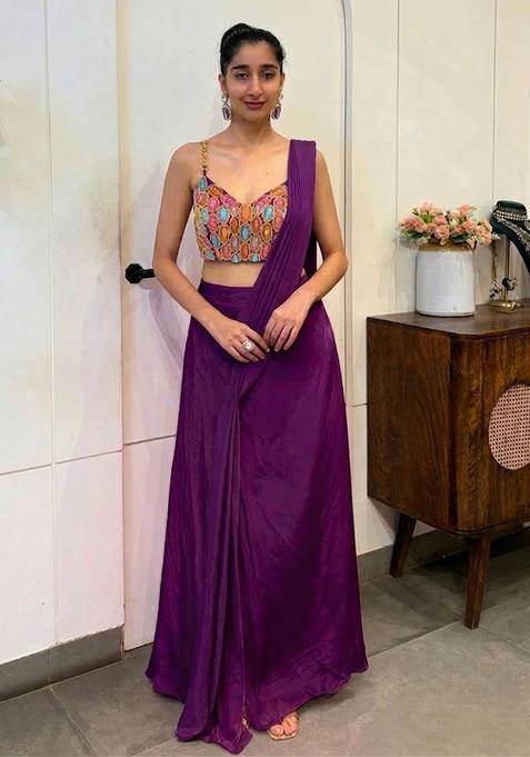 Purple Hand Work Satin Pre Draped Saree Set