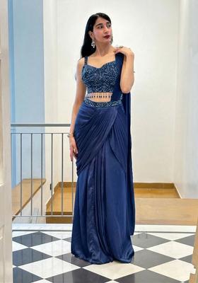 Navy Blue Hand Work Satin Pre Draped Saree Set