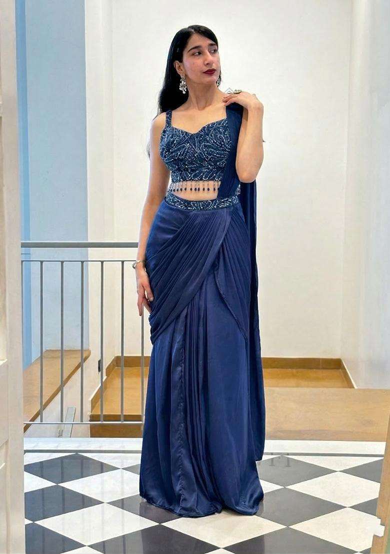 Navy Blue Hand Work Satin Pre Draped Saree Set - Indya