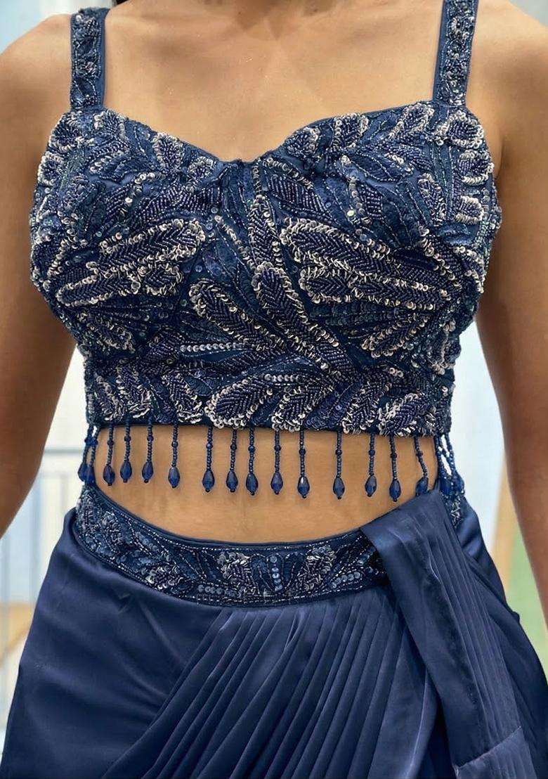 Navy Blue Hand Work Satin Pre Draped Saree Set - Indya