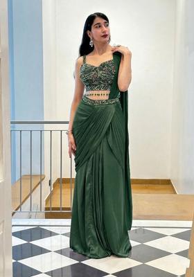 Dark Green Hand Work Satin Pre Draped Saree Set