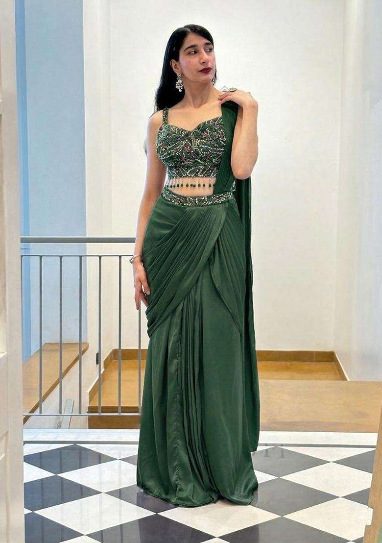 Dark Green Hand Work Satin Pre Draped Saree Set - Indya