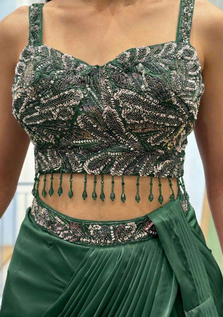 Dark Green Hand Work Satin Pre Draped Saree Set - Indya