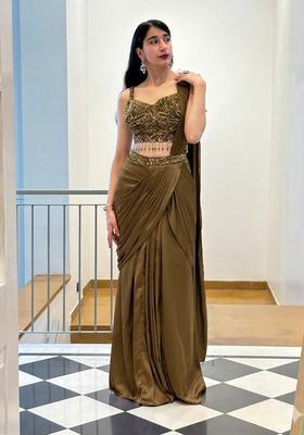 Antique Gold Hand Work Satin Pre Draped Saree Set