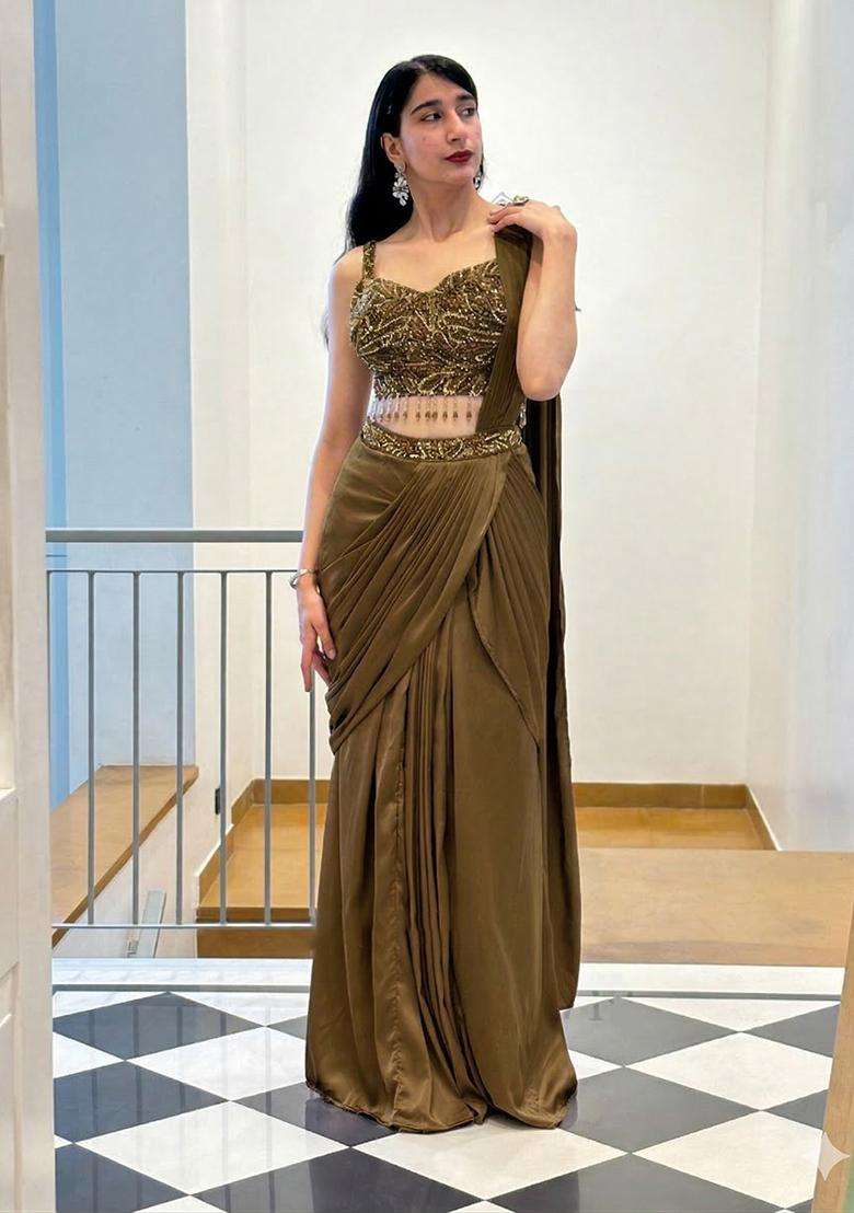 Antique Gold Hand Work Satin Pre Draped Saree Set - Indya