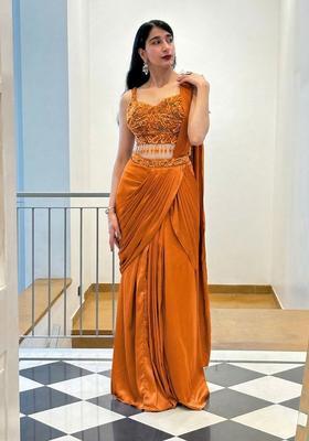Orange Hand Work Satin Pre Draped Saree Set