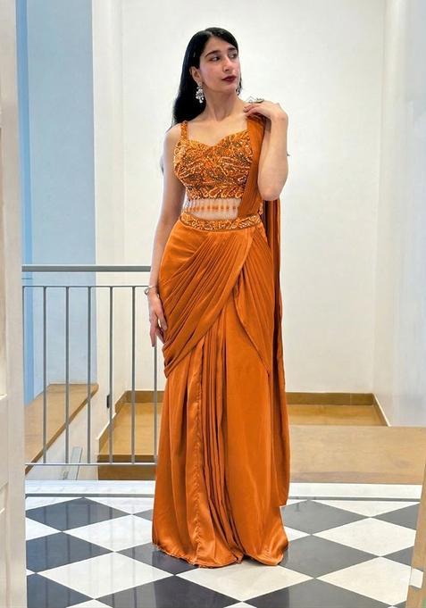Orange Hand Work Satin Pre Draped Saree Set