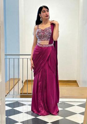 Rani Pink Hand Work Satin Pre Draped Saree Set