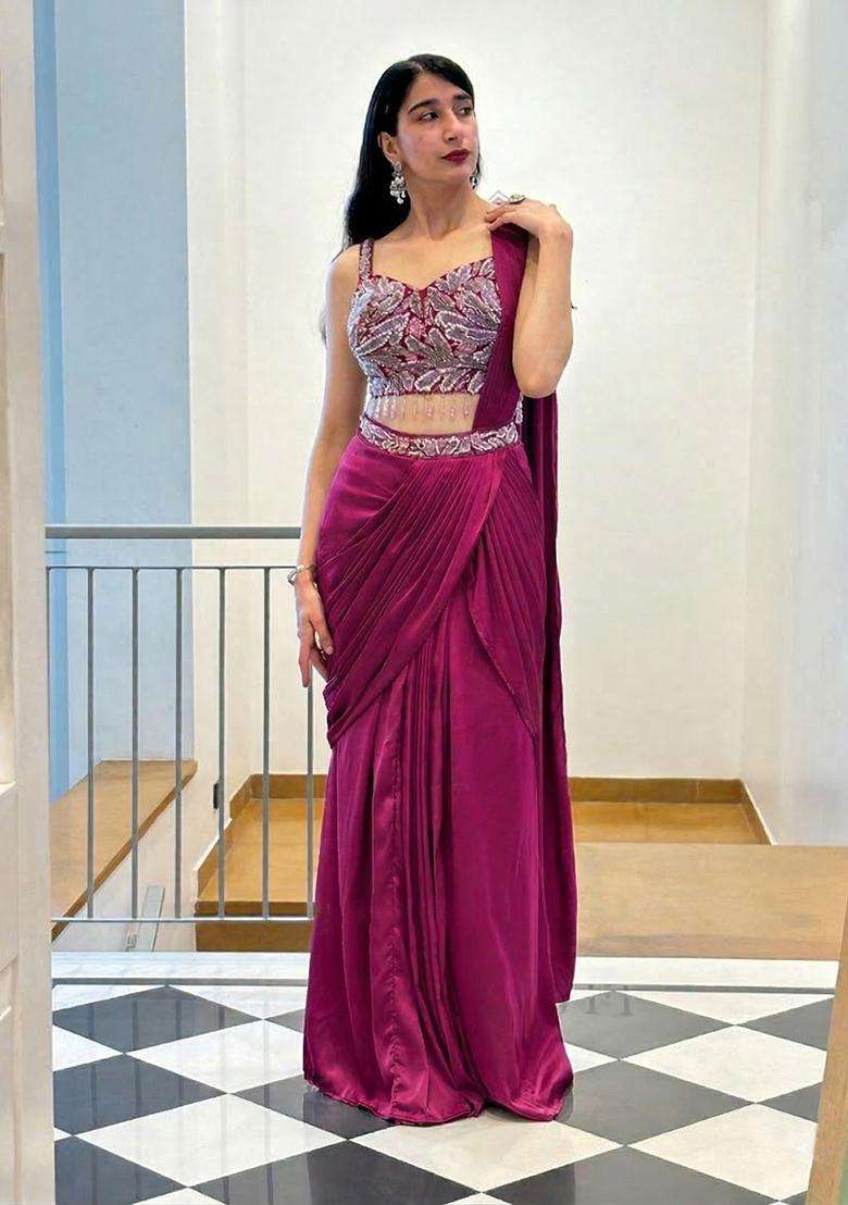 Rani Pink Hand Work Satin Pre Draped Saree Set - Indya