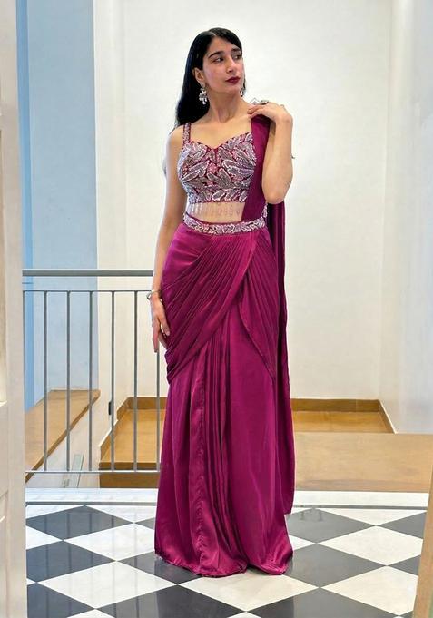 Rani Pink Hand Work Satin Pre Draped Saree Set