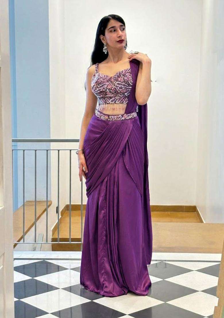 Purple Hand Work Satin Pre Draped Saree Set - Indya