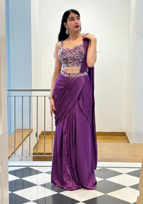 Purple Hand Work Satin Pre Draped Saree Set