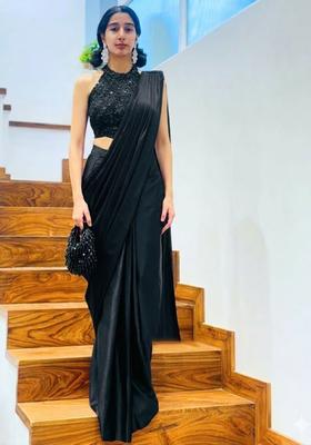 Jet Black Hand Work Satin Pre Draped Saree Set