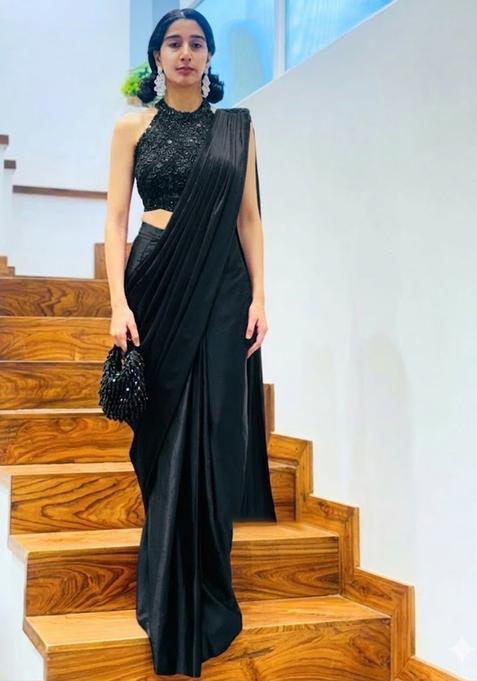 Jet Black Hand Work Satin Pre Draped Saree Set