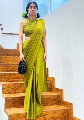 Lime Green Hand Work Satin Pre Draped Saree Set
