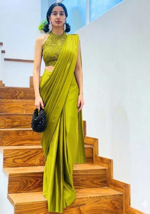 Lime Green Hand Work Satin Pre Draped Saree Set