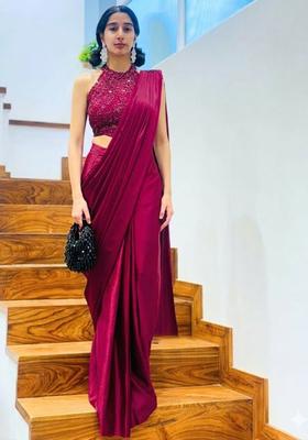 Rani Pink Hand Work Satin Pre Draped Saree Set