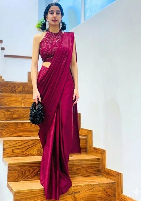 Rani Pink Hand Work Satin Pre Draped Saree Set