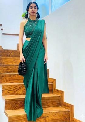 Bottle Green Hand Work Satin Pre Draped Saree Set