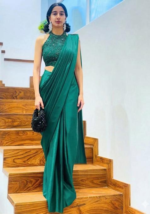 Bottle Green Hand Work Satin Pre Draped Saree Set