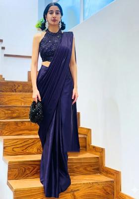 Deep Blue Hand Work Satin Pre Draped Saree Set