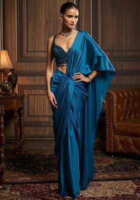 Teal Blue Hand Work Satin Pre Draped Saree Set
