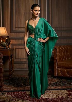 Bottle Green Hand Work Satin Pre Draped Saree Set