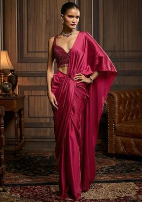 Rani Pink Hand Work Satin Pre Draped Saree Set