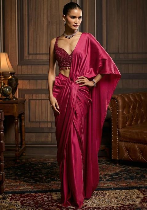 Rani Pink Hand Work Satin Pre Draped Saree Set
