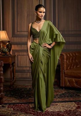 Olive Green Hand Work Satin Pre Draped Saree Set