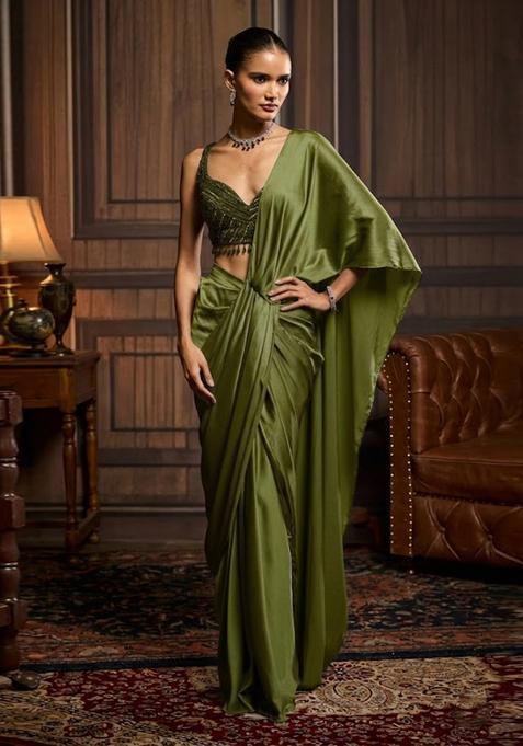 Olive Green Hand Work Satin Pre Draped Saree Set