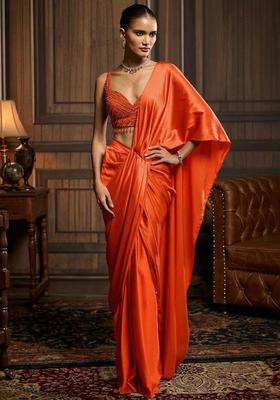 Orange Hand Work Satin Pre Draped Saree Set