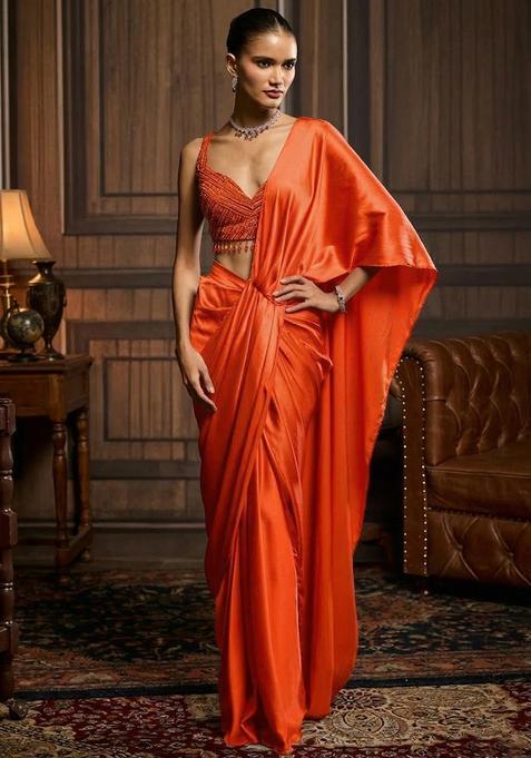 Orange Hand Work Satin Pre Draped Saree Set