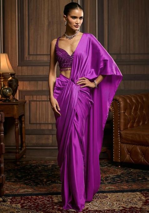 Purple Hand Work Satin Pre Draped Saree Set