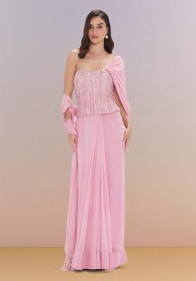 Baby Pink Hand Work Georgette Pre Draped Saree Set