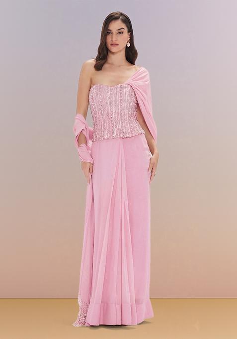 Baby Pink Hand Work Georgette Pre Draped Saree Set