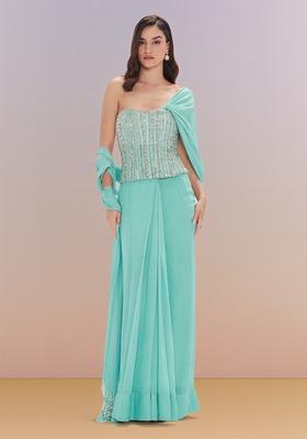 Sky Blue Hand Work Georgette Pre Draped Saree Set