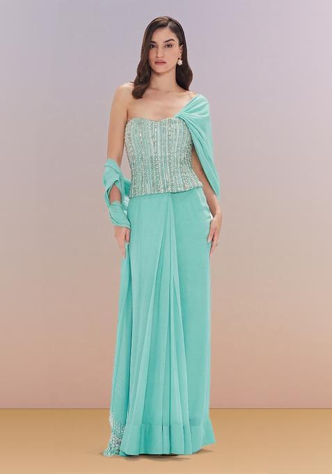 Sky Blue Hand Work Georgette Pre Draped Saree Set