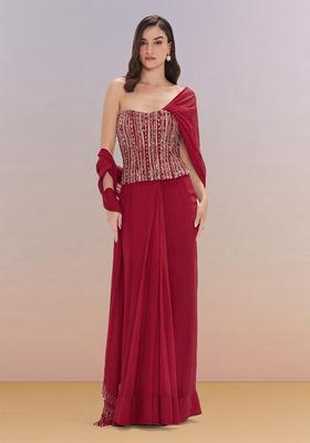 Deep Red Hand Work Georgette Pre Draped Saree Set