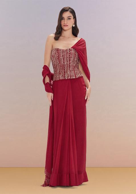 Deep Red Hand Work Georgette Pre Draped Saree Set